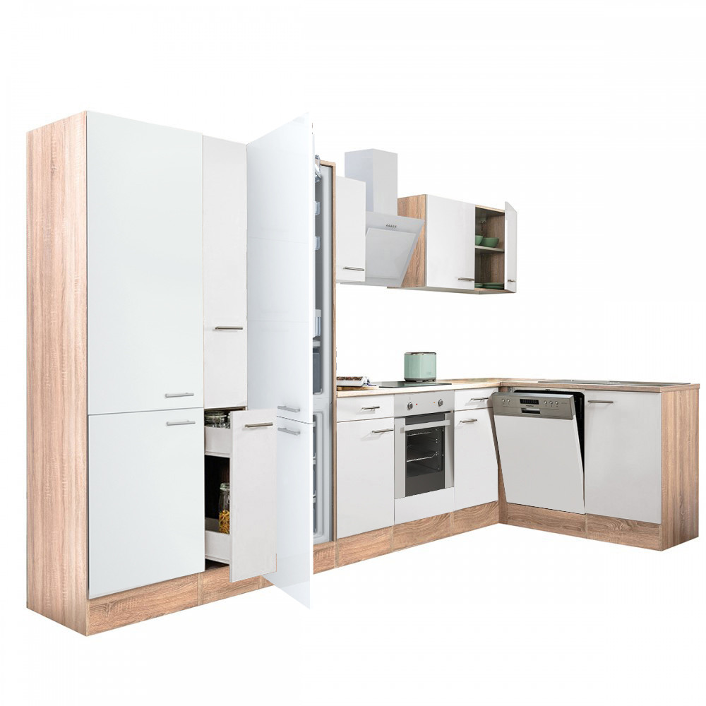 Yorki 370 sarok konyhabútor sonoma tölgy korpusz,selyemfényű fehér front alsó sütős elemmel polcos szekrénnyel, alulfagyasztós hűtős szekrénnyel (HX)