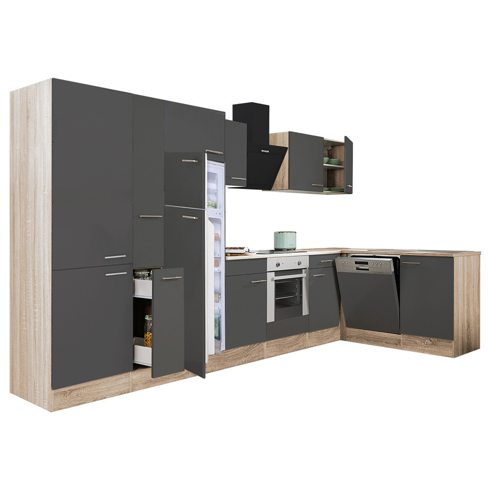 Yorki 370 sarok konyhabútor sonoma tölgy korpusz,selyemfényű antracit front alsó sütős elemmel polcos szekrénnyel, felülfagyasztós hűtős szekrénnyel (HX)