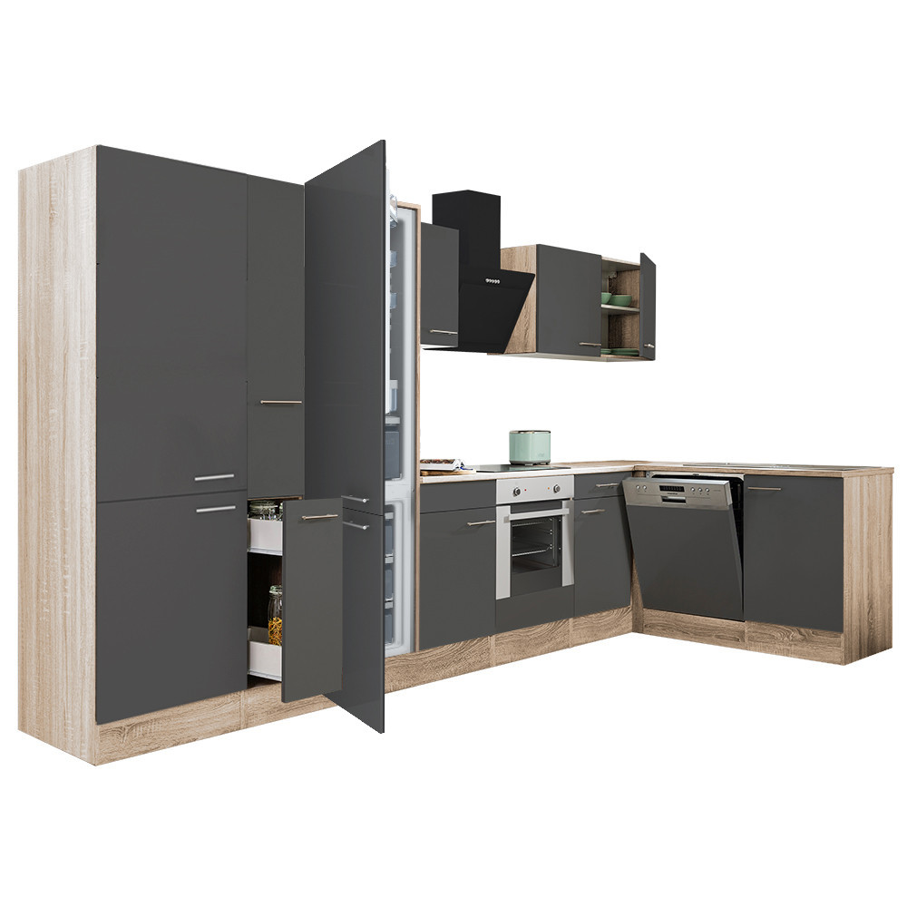 Yorki 370 sarok konyhabútor sonoma tölgy korpusz,selyemfényű antracit front alsó sütős elemmel polcos szekrénnyel, alulfagyasztós hűtős szekrénnyel (HX)