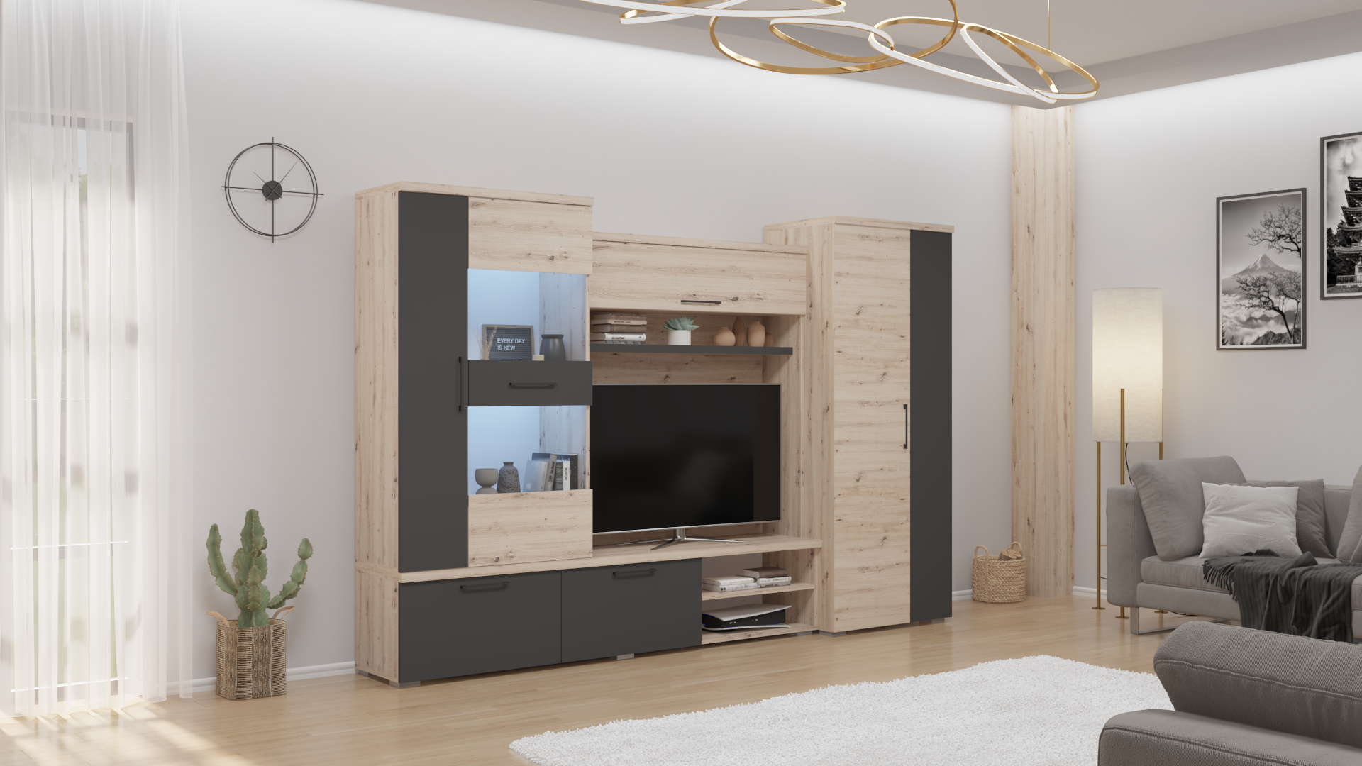 Bianka nappali szekrénysor artisan tölgy - antracit szürke 300 cm