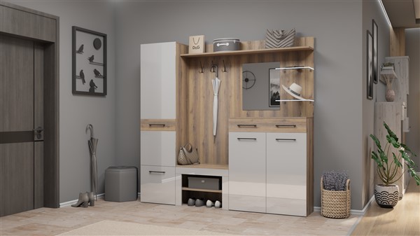Gusztavo előszobabútor quercus tölgy korpusz-magasfényű fehér front 210 cm