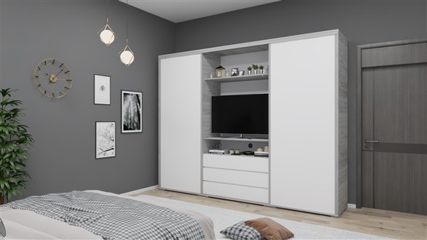 NT Tv-s tolóajtós gardróbszekrény - cortona tölgy - magasfényű fehér 300 cm