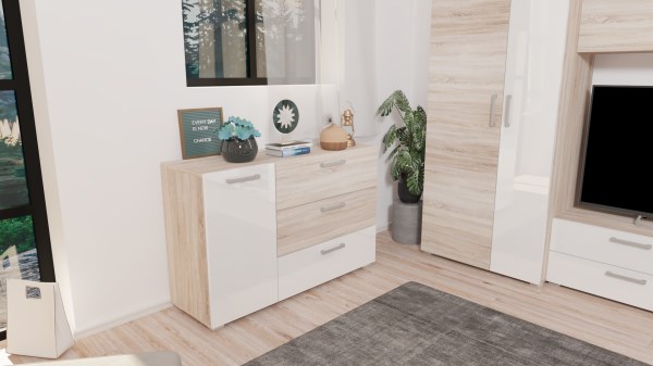 Caprima komód 120 cm sonoma tölgy -  magasfényű fehér