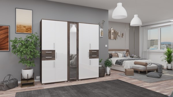 Gib Salon 4  - gardróbszekrény 200  cm  - Iszap tölgy  - magasfényű fehér