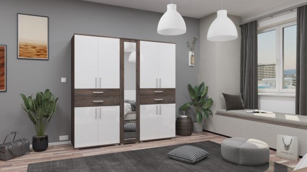 Gib Salon 5  - gardróbszekrény 200  cm  - Iszap tölgy  - magasfényű fehér