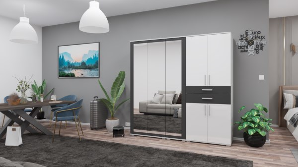 Gib Salon 6  - gardróbszekrény 200  cm  - matt sötét szürke -  magasfényű  fehér