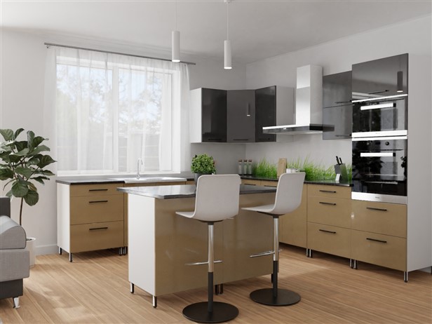 Galaxy fekete-gold sarok konyhabútor 280x240 cm + konyhasziget