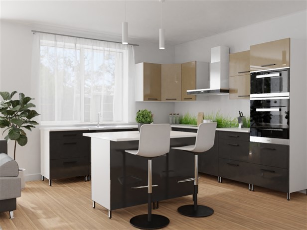 Galaxy gold-fekete sarok konyhabútor 280x240 cm + konyhasziget