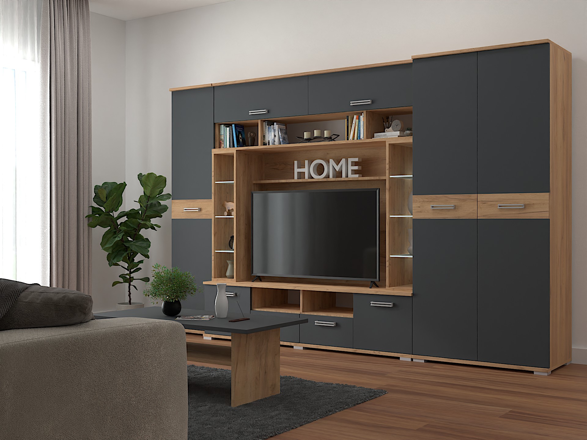 Arizóna nappali szekrénysor antracit-arany kraft 320 cm - Led világítással