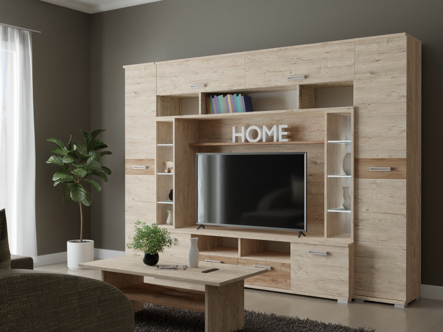 Arizóna nappali szekrénysor sherwood-dohány 280 cm - Led világítással