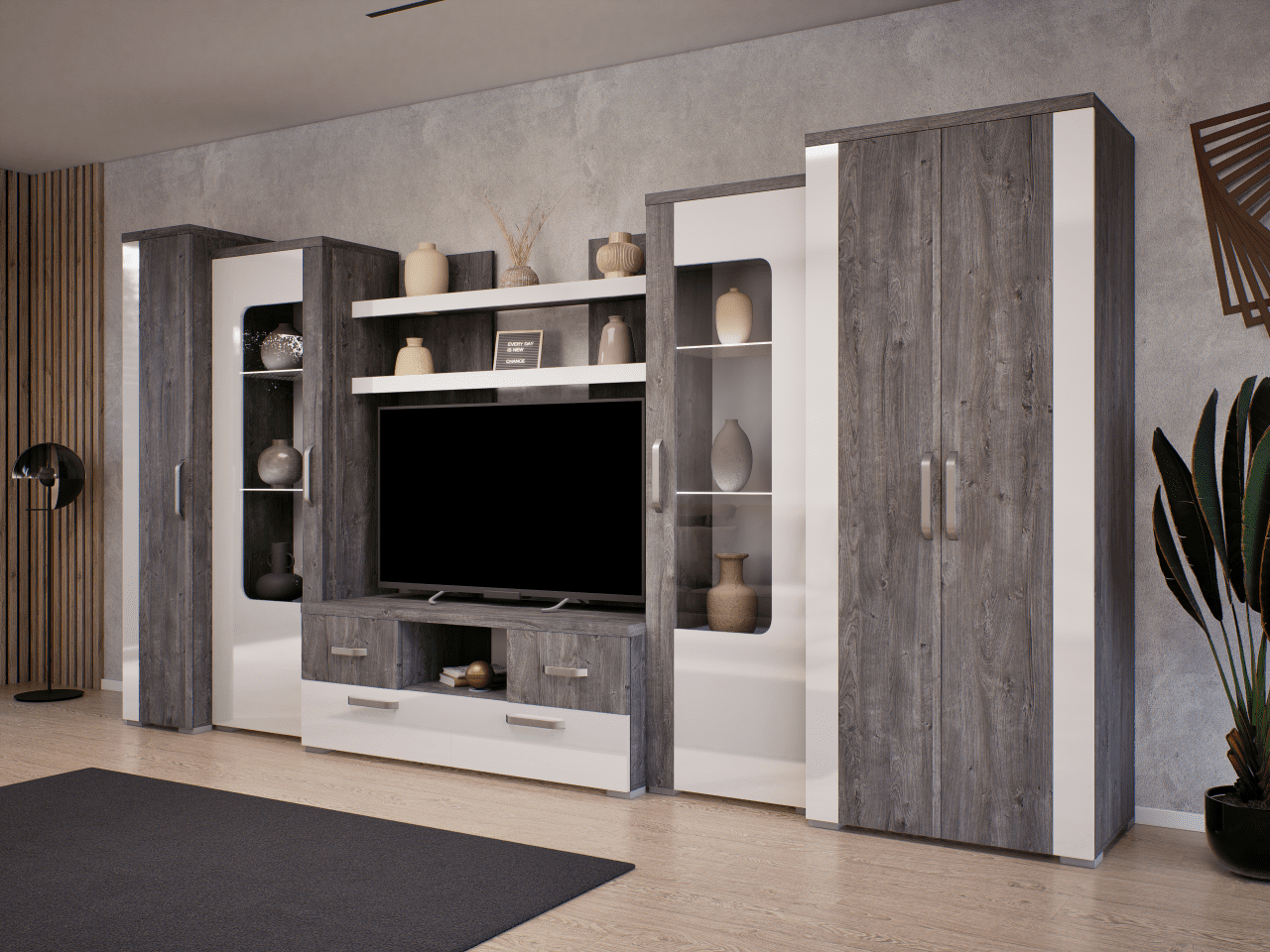 Adél nappali szekrénysor szürke tölgy-magasfényű fehér