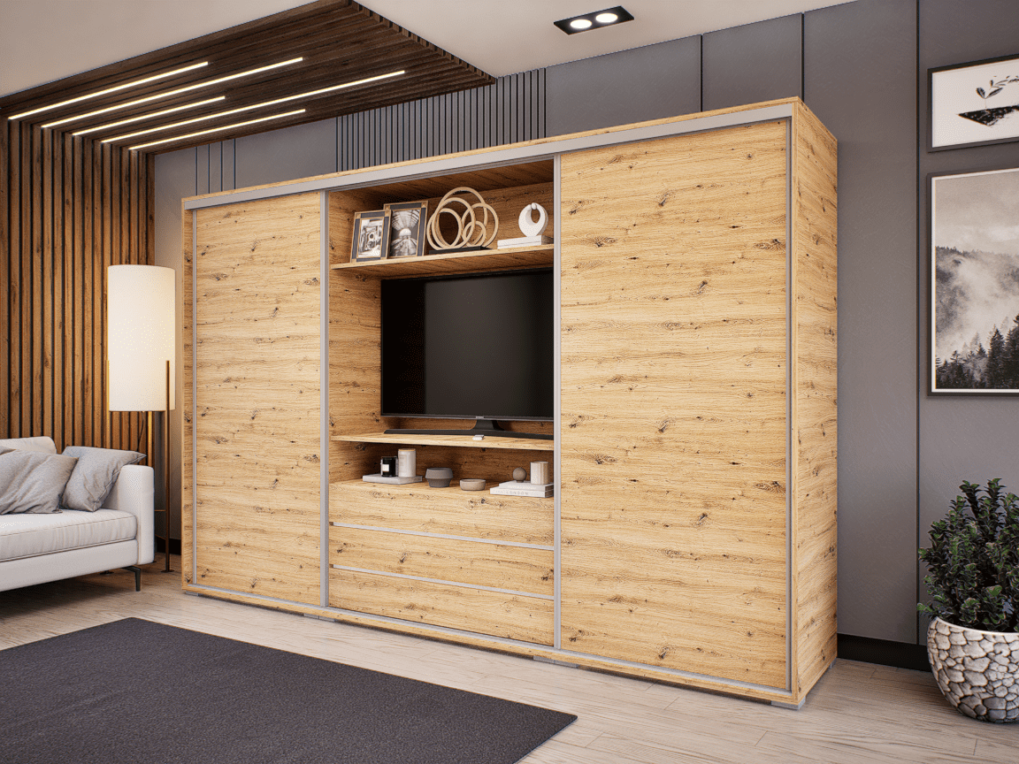 NT Tv-s tolóajtós gardróbszekrény artisan tölgy  300 cm