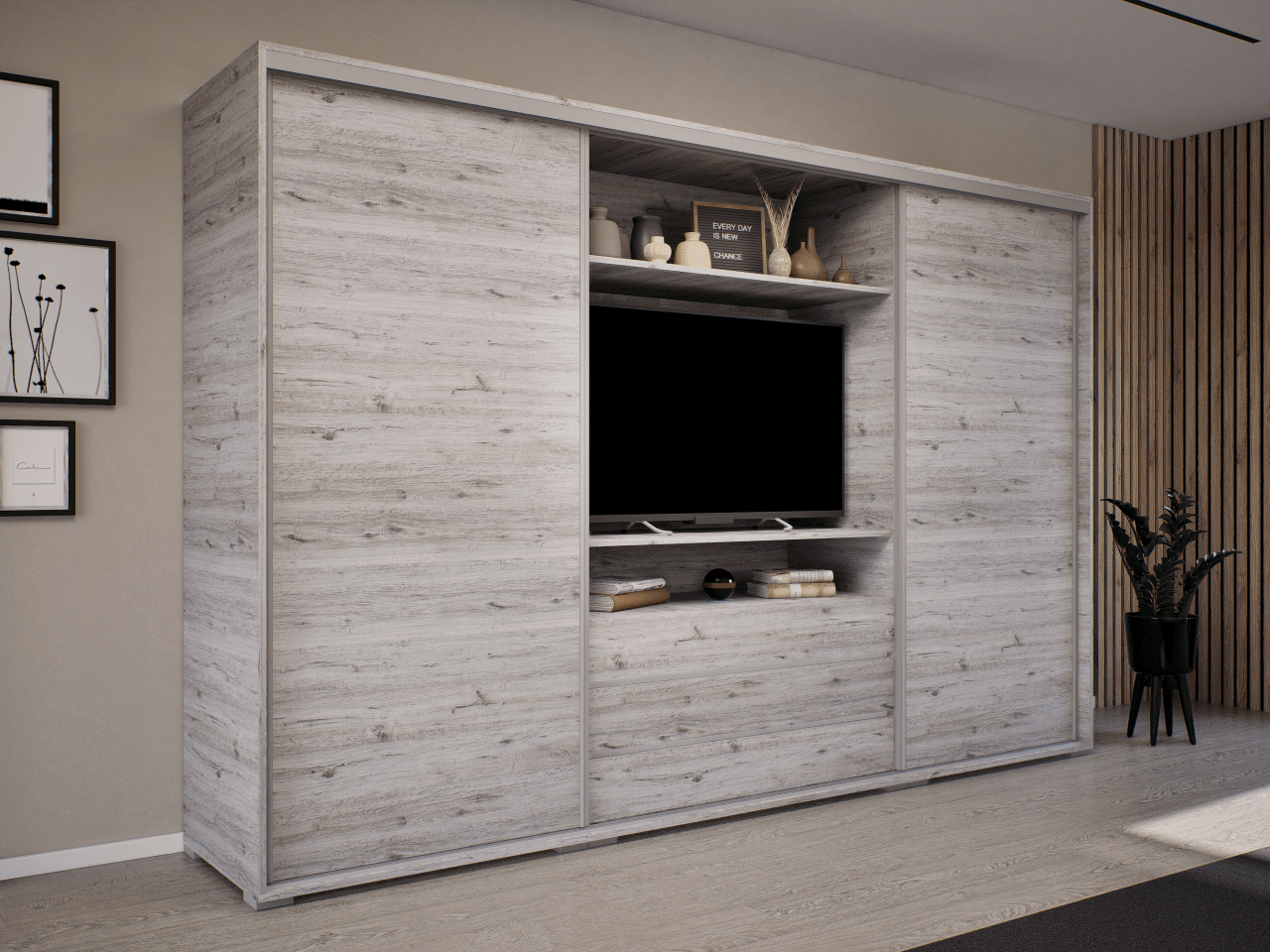 NT Tv-s tolóajtós gardróbszekrény cortona tölgy  300 cm