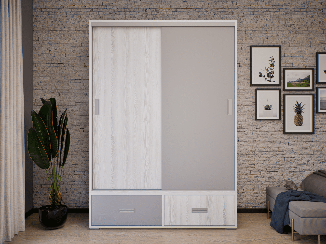 NT Kombi 11 tolóajtós gardróbszekrény hófehér kőris -láva szürke 140 cm