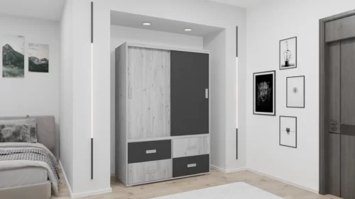 NT kombi 1 tolóajtós gardróbszekrény cortona tölgy -antracit szürke 140cm