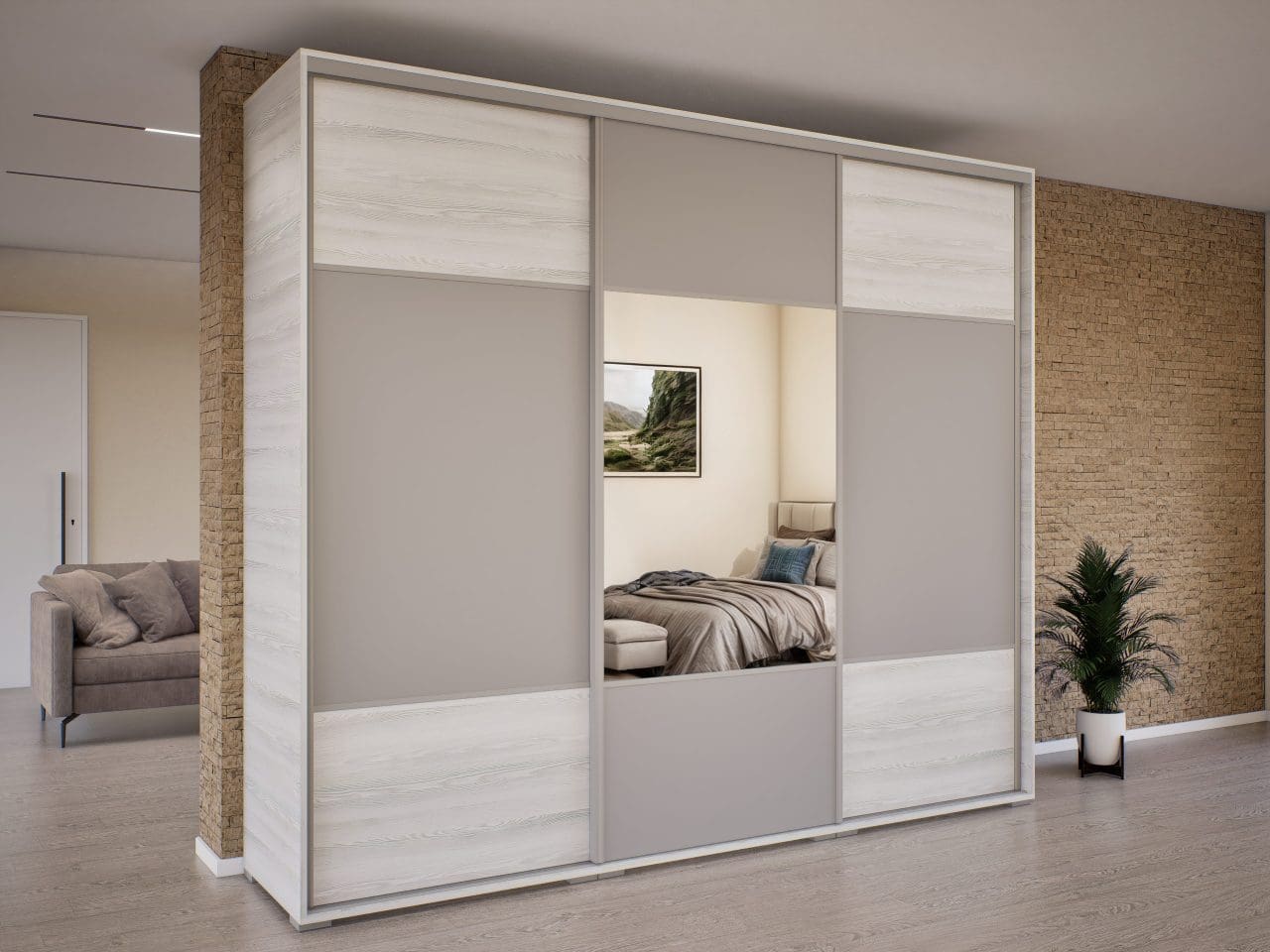 NT9 Tolóajtós gardróbszekrény hófehér kőris-láva szürke 270 cm