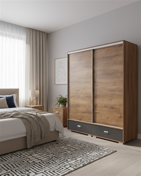 Harmony A gardróbszekrény 160 cm  - Lankás tölgy - matt sötétszürke 