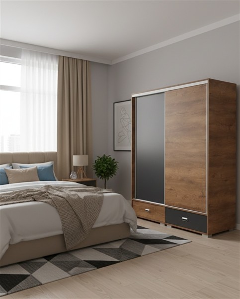 Harmony B gardróbszekrény 160 cm  - Lankás tölgy - matt sötétszürke 