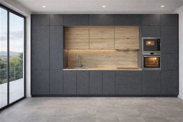 Milánó elemes konyhabútor magasítóval Matt antracit arany tölgy 450/72 cm  