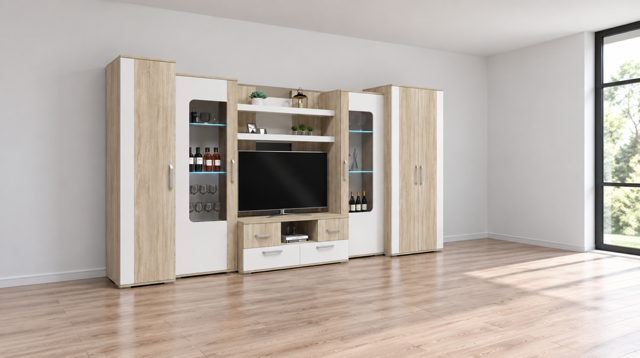 Adél nappali szekrénysor sonoma tölgy-magasfényű fehér 380 cm