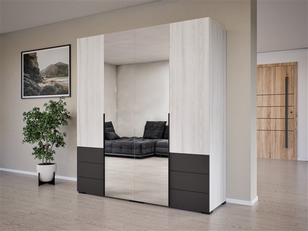 New Maxi gardróbszekrény 2 tükörrel hófehér kőris-matt fekete 180 cm